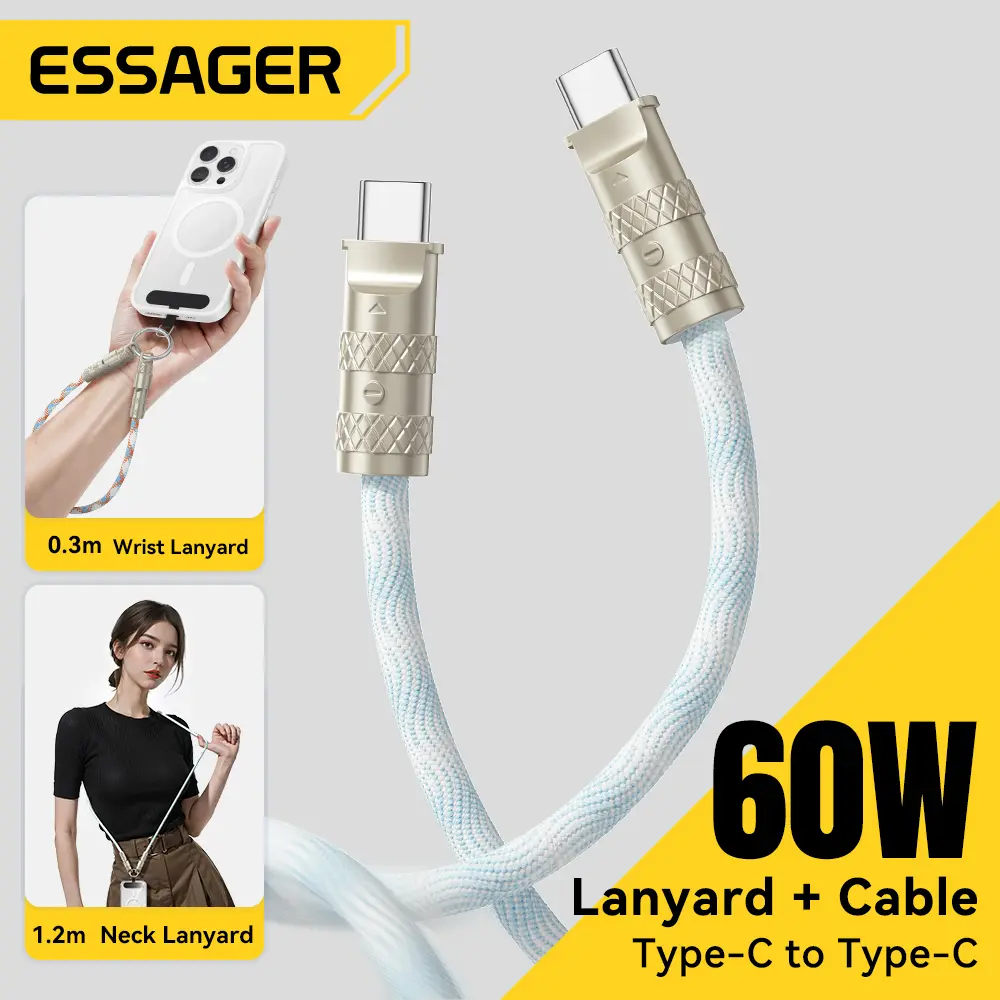 Essager 2 in 1 60W USB-C to Type-C Lanyard Data Cable 3A PD Fast Charging For iPhone 16 15 Samsung Huawei Laptops Anti-lost Rope