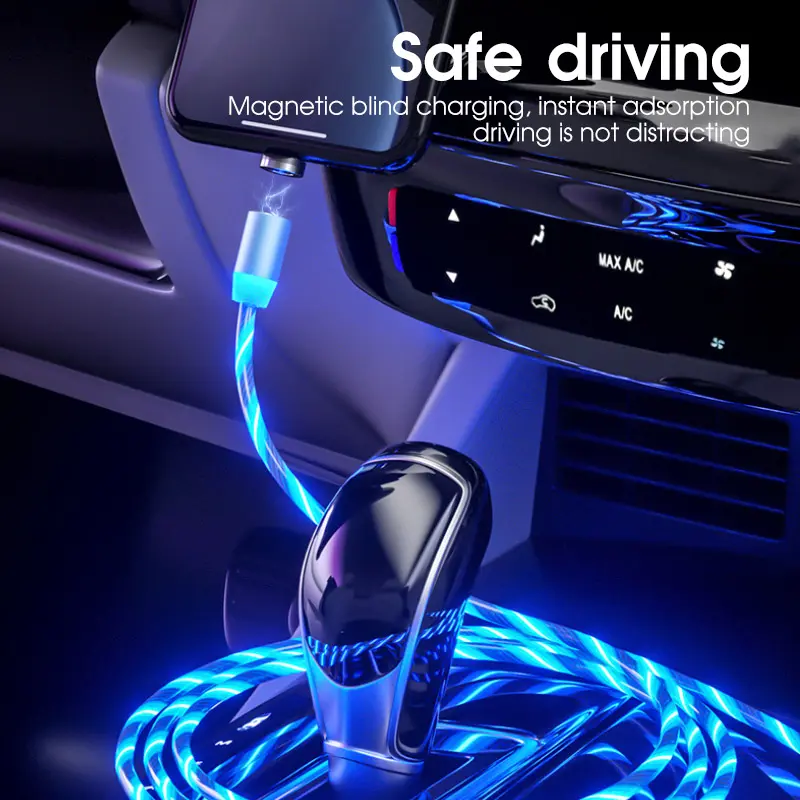 Magnetic Luminous Cable LED Glow Flowing Micro USB Type C Fast Charging Cord For Android Phone Bright Charger Cable For Huawei