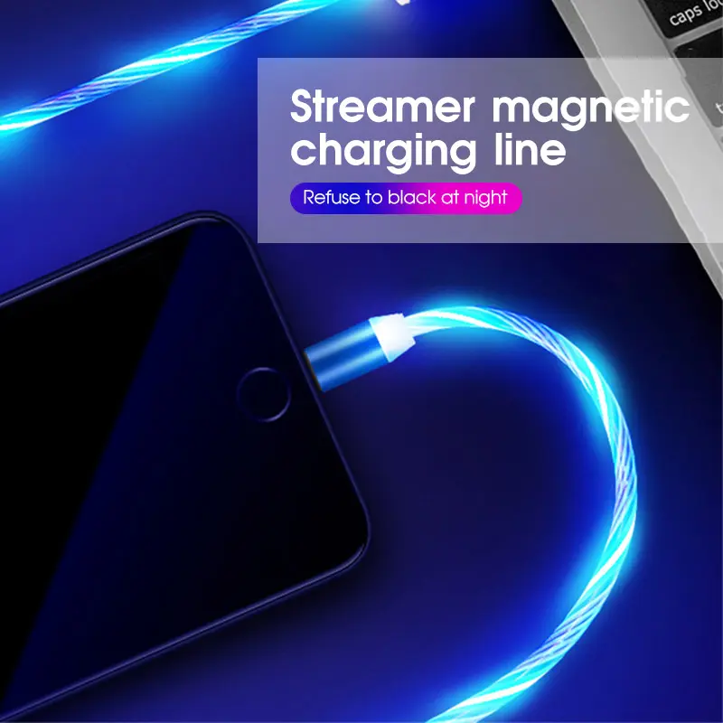 Magnetic Luminous Cable LED Glow Flowing Micro USB Type C Fast Charging Cord For Android Phone Bright Charger Cable For Huawei