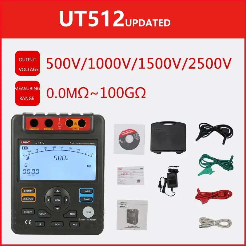 UNI-T Insulation Resistance Tester UT512 500V-2500V Earth Ground 1MΩ～100GΩ Ohm Meter AC DC Voltmeter PI DAR Measurement