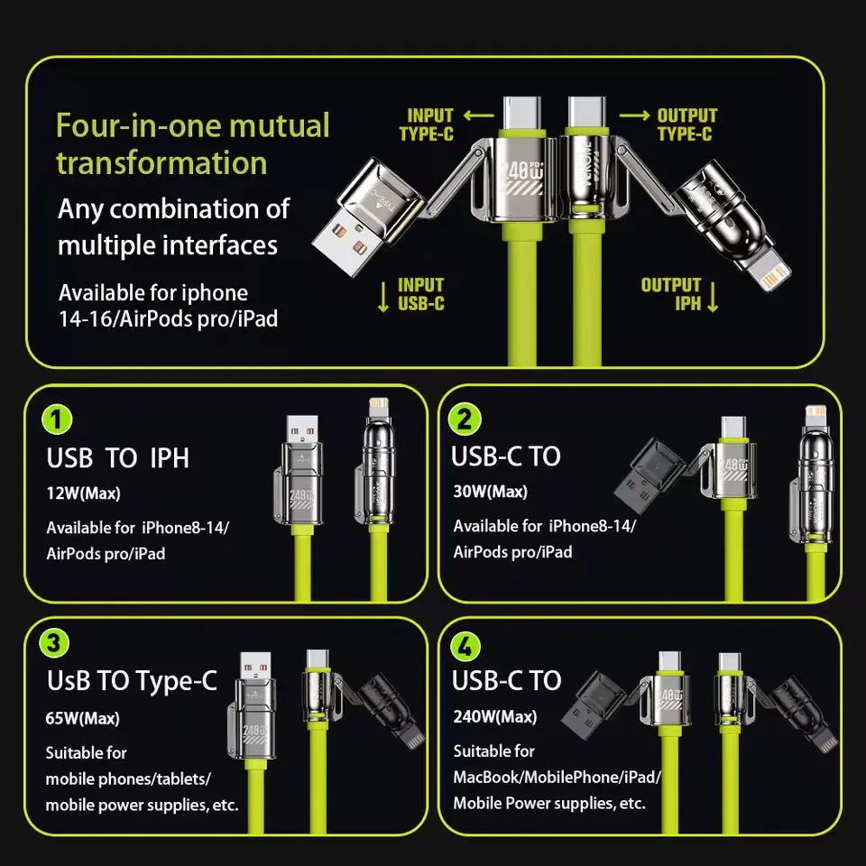 4-in-1 Kirsite Cable 240W Super Fast Charging Multiple Functions for iPhone8-16 ProMax iPad Notebook Tablet Mobile Phone Samsung