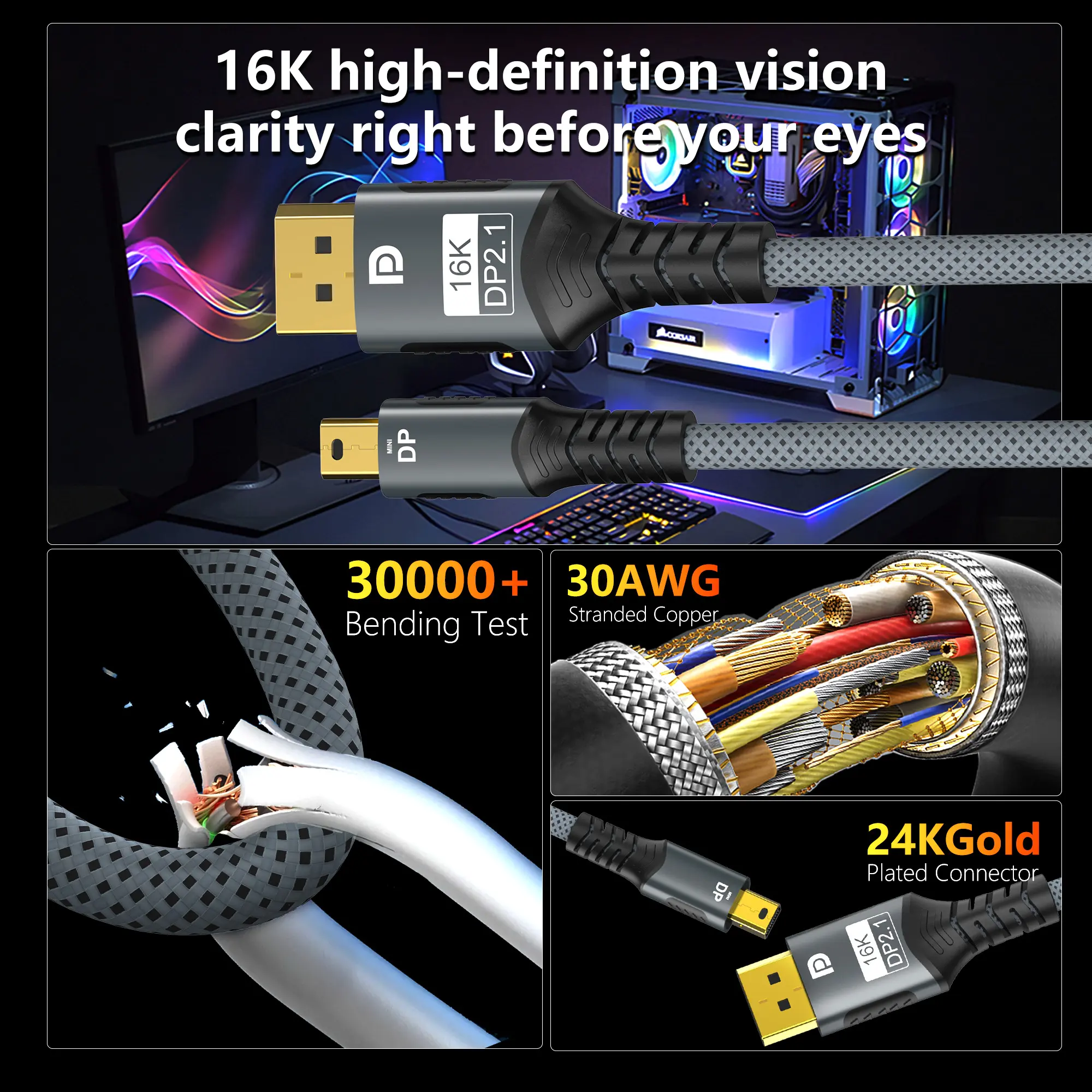Mini DP to DisplayPort 8K Cable DP1.4 Bi-Directional Conversion Transmission Cable 16K@60Hz 4K@144Hz for MacBook Air Projector