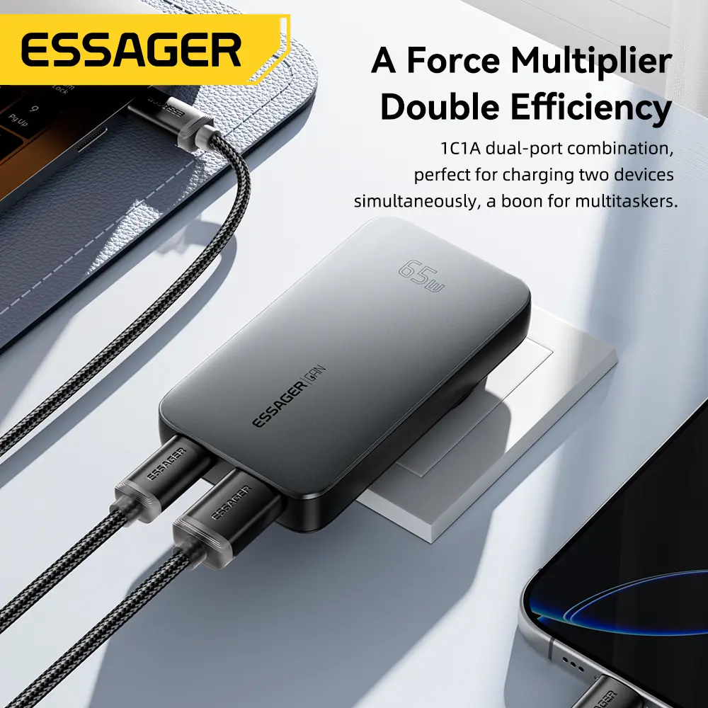 ESSAGER 65W GaN Charger PD Charge Type C USB Charger Support QC PPS Portable Fast Charger For iPhone 16 15 14 13 Laptop Charger
