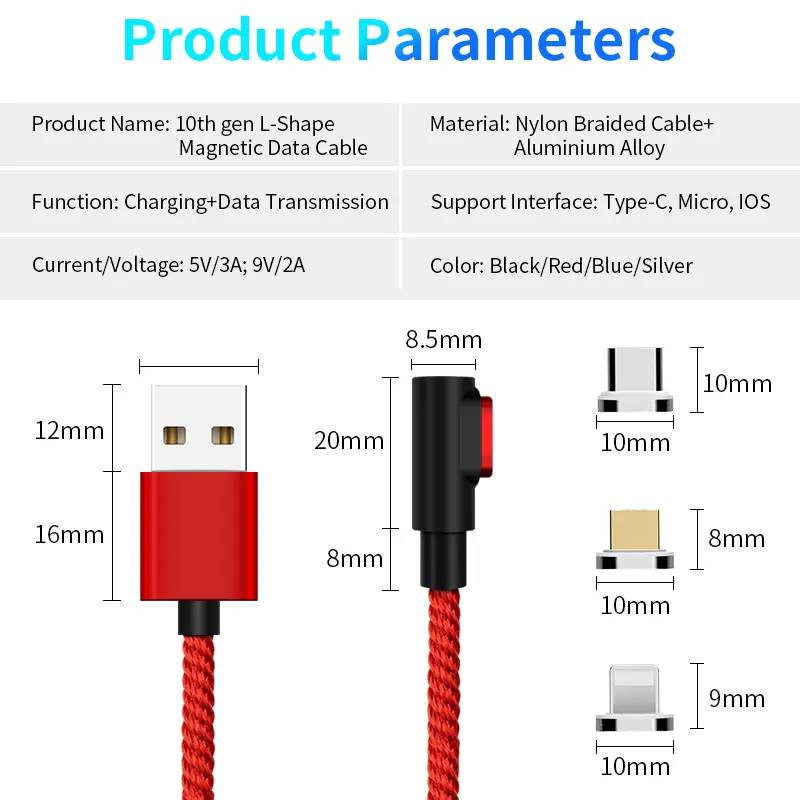 5A Fast Charging Magnetic USB Cable Charger L-Shape Micro USB Data Cable for iphone X Samsung S8 Huawei Xiaomi mi8 LG Usb Type C