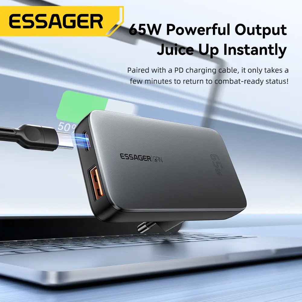 ESSAGER 65W GaN Charger PD Charge Type C USB Charger Support QC PPS Portable Fast Charger For iPhone 16 15 14 13 Laptop Charger