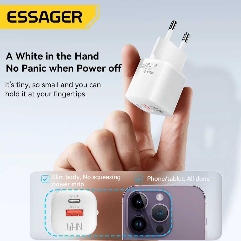 Essager 20W GaN USB Type C Charger PD Fast Charge Phone QC 3.0 Quick Chargers For iPhone 14 13 12 11 Pro Max Mini iPad Charging