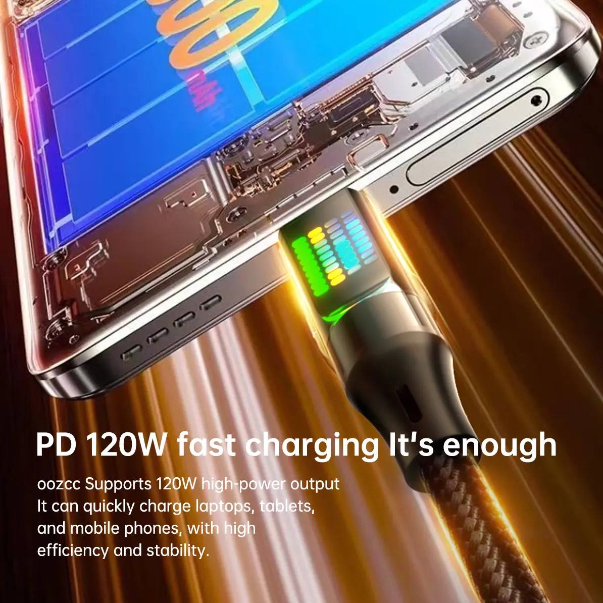OOZCC 120W Type C Fast Charging Cable 6A USBA to Type C Nylon Data Cord for Xiaomi Samsung With Led Display USB C Cable