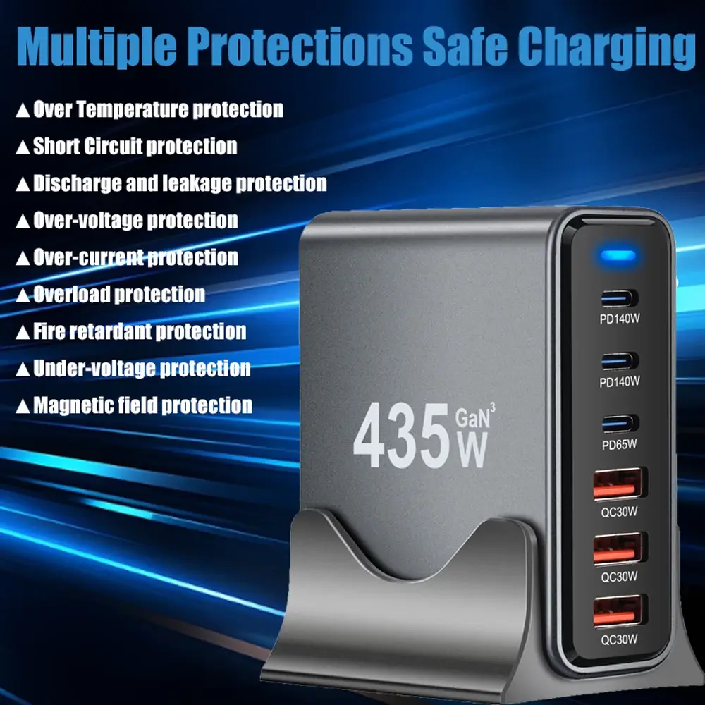435W GaN USB Charger Multi-Ports Desktop Charging Station PD3.1 QC3.0 Fast Charge For iPhone Samsung Xiaomi Huawei iPad MacBook
