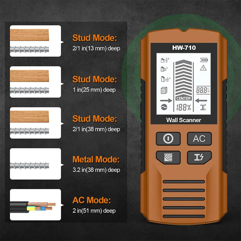 HW-710 Multi-functional Metal Wood Detection Function Wall Detector for AC Metal Wood Detect Ceilings Floors Find