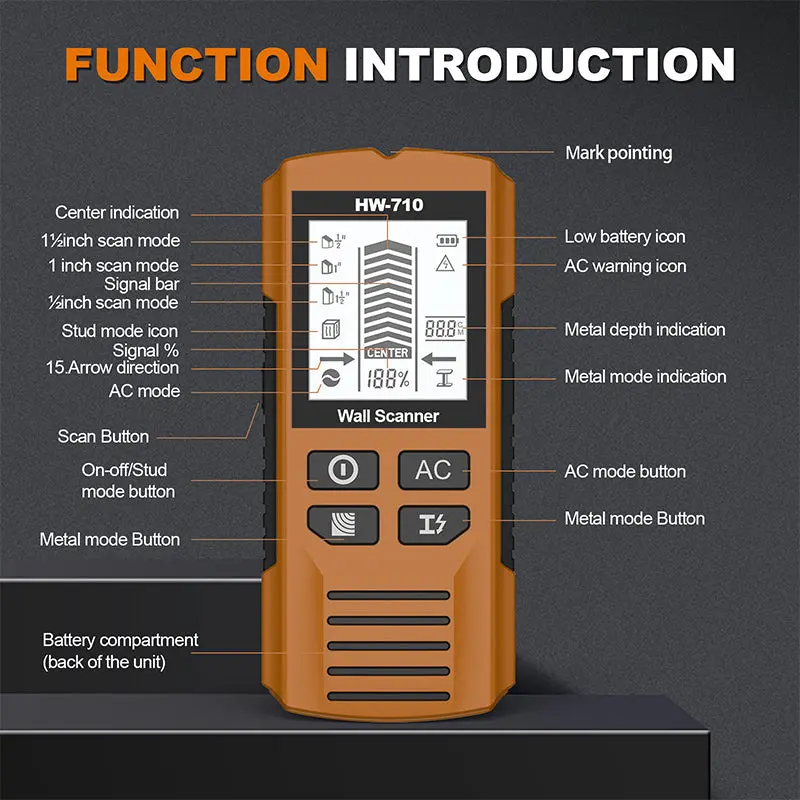 HW-710 Multi-functional Metal Wood Detection Function Wall Detector for AC Metal Wood Detect Ceilings Floors Find