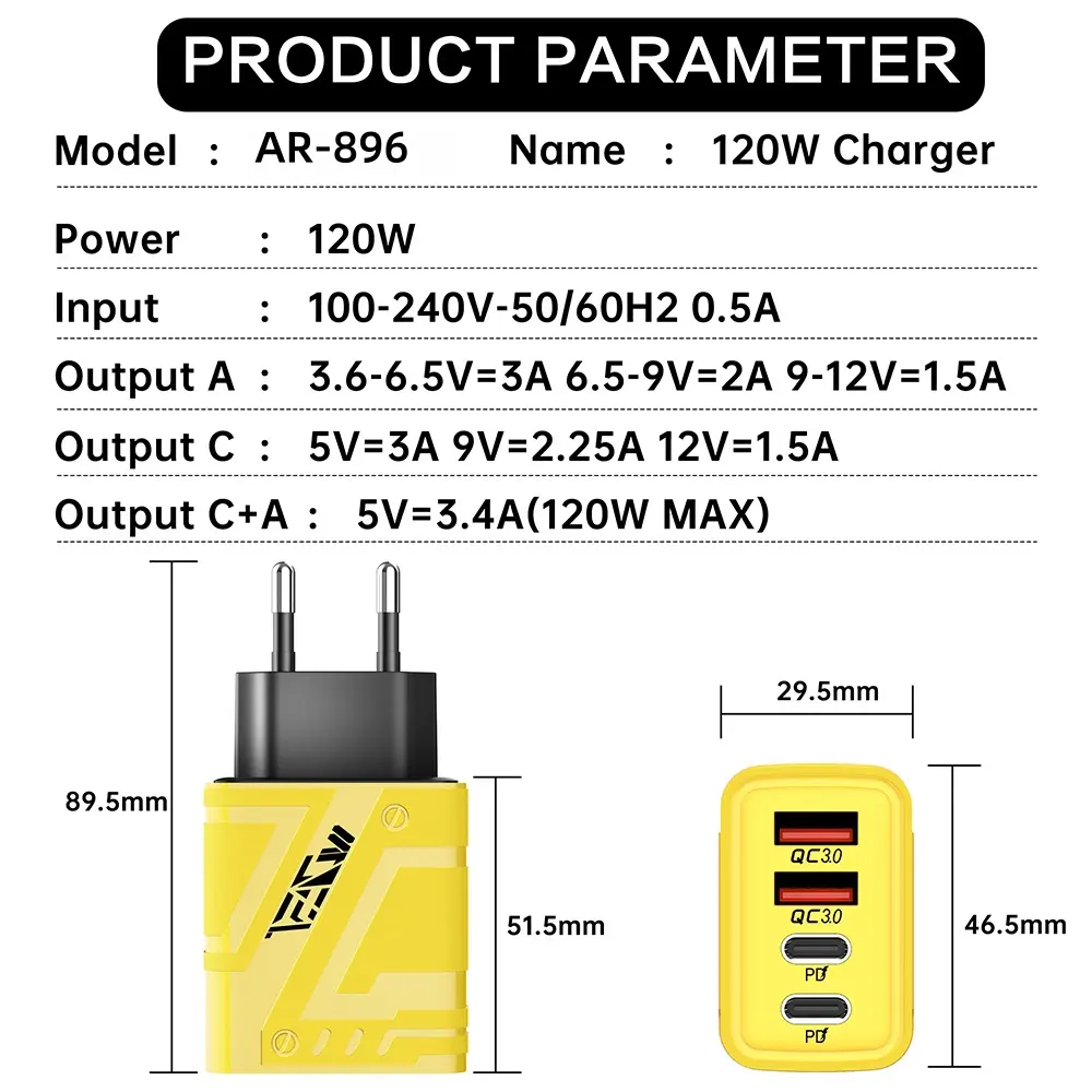 4 in 1 Fast Charging Charger 120W Multi Ports USB Type C Charger PD Mobile Phone Power Adapter For iPhone Xiaomi Huawei Charger