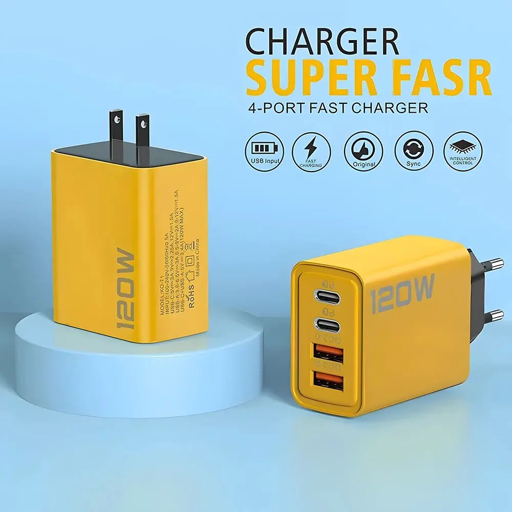 4 Prots USB Type C Charger Total 120W Quick Charge 3.0 Fast Charger PD Mobile Phone Wall Adapter For iPhone 16 Samsung Xiaomi 15