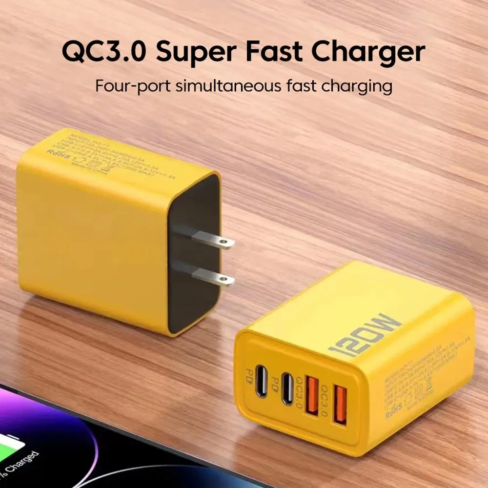 4 Prots USB Type C Charger Total 120W Quick Charge 3.0 Fast Charger PD Mobile Phone Wall Adapter For iPhone 16 Samsung Xiaomi 15