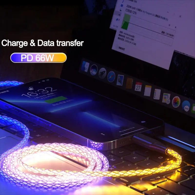 66W 6A Fast Charging Data Cable RGB Light USB Type C Micro Data Cord For iPhone 14 Pro Max Xiaomi Redmi 13 Oneplus 12 POCO X6