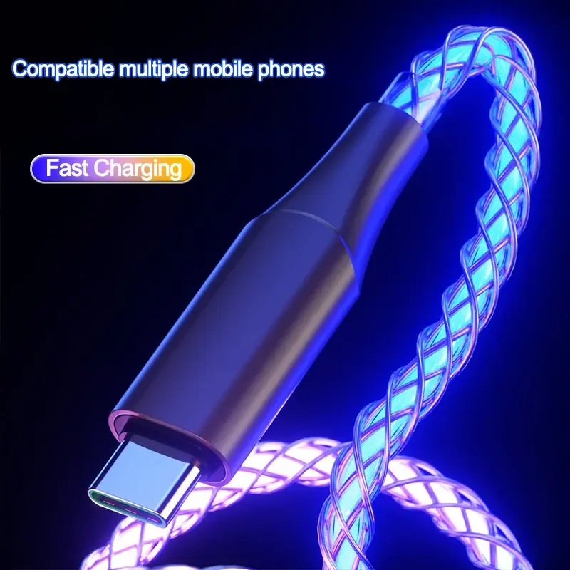 66W 6A Fast Charging Data Cable RGB Light USB Type C Micro Data Cord For iPhone 14 Pro Max Xiaomi Redmi 13 Oneplus 12 POCO X6