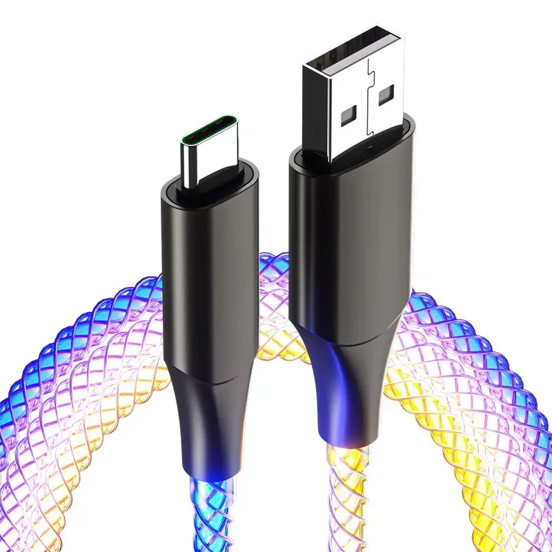 66W 6A Fast Charging Data Cable RGB Light USB Type C Micro Data Cord For iPhone 14 Pro Max Xiaomi Redmi 13 Oneplus 12 POCO X6