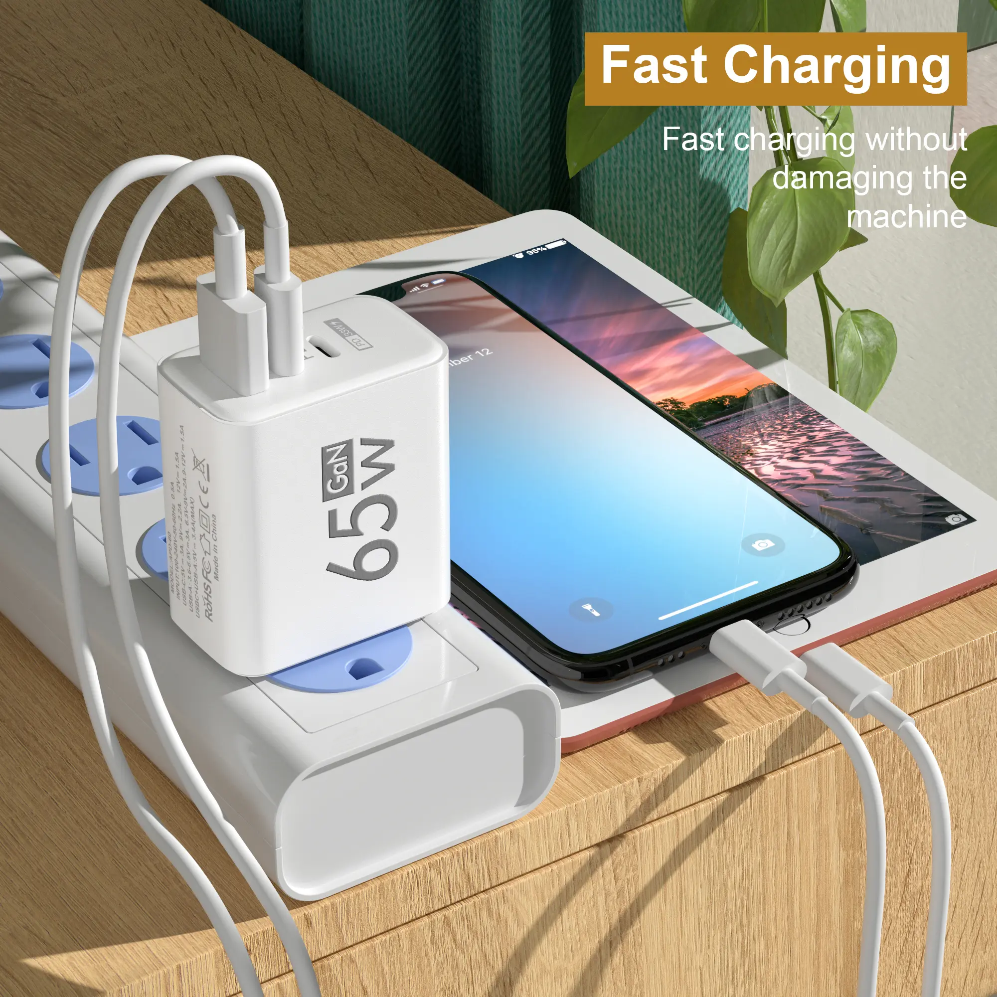 65W PD USB GaN Charger 3 Ports Fast Charging Mobile Phone Charger Wall Adapter For IPhone15 Samsung Xiaomi Redmi EU/US/UK Plug