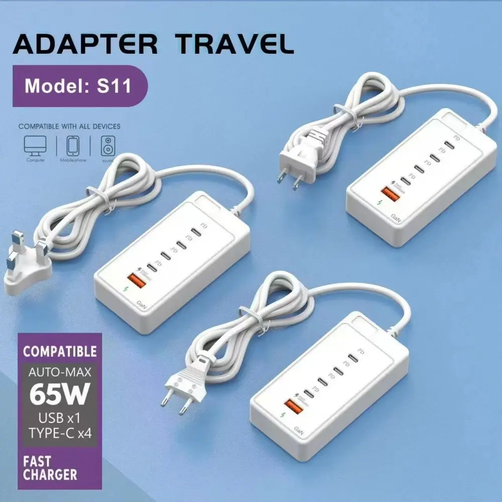 5 IN 1 USB PD Charger 65W Multi-port Fast Charging Mobile Phone Charger Adapter EU/US/UK Plug Type C USB Quick3.0 Travel Charger