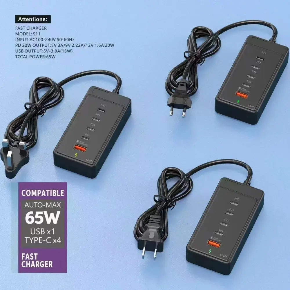 5 IN 1 USB PD Charger 65W Multi-port Fast Charging Mobile Phone Charger Adapter EU/US/UK Plug Type C USB Quick3.0 Travel Charger