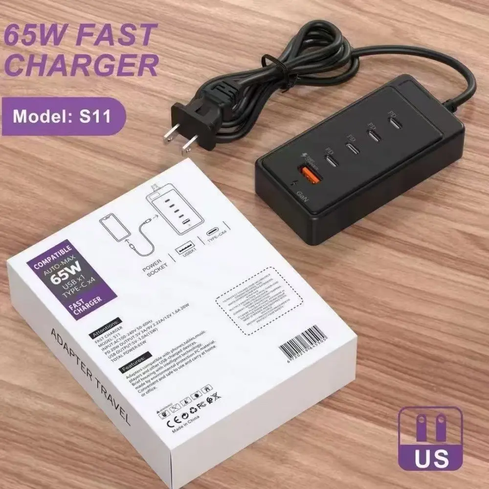 5 IN 1 USB PD Charger 65W Multi-port Fast Charging Mobile Phone Charger Adapter EU/US/UK Plug Type C USB Quick3.0 Travel Charger