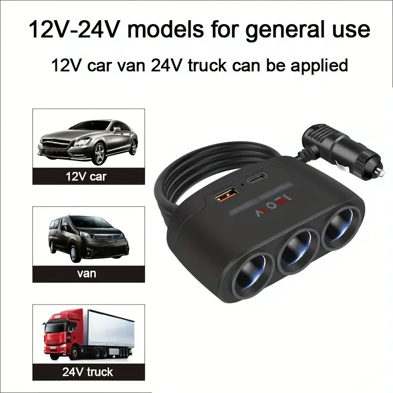 Car Charging One tow and three car charger with USB+PD Extended High Power 12V24V Universal Model Fast Charge Power Adapter