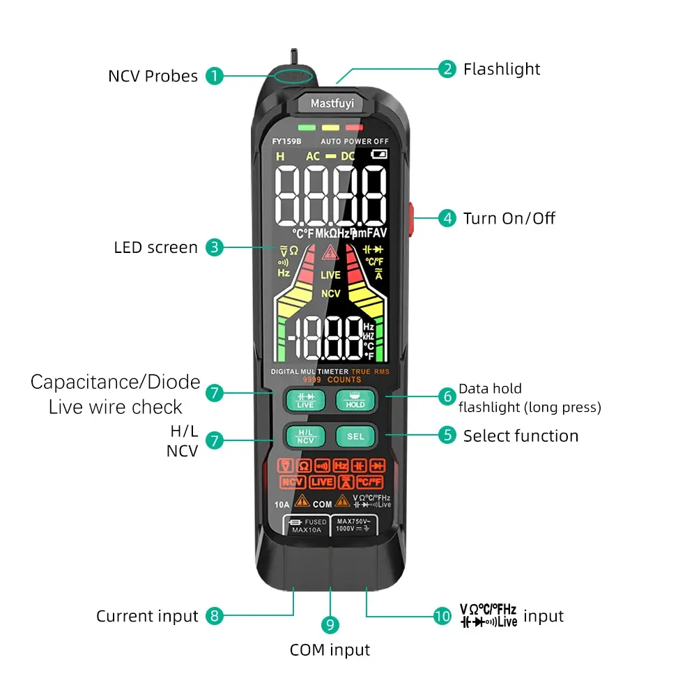 MASTFUYI Digital Multimeter 9999 Counts True RMS 10A 1000V AC/DC Current Voltage Capacitance Resistance Auto-Ranging Tester Tool