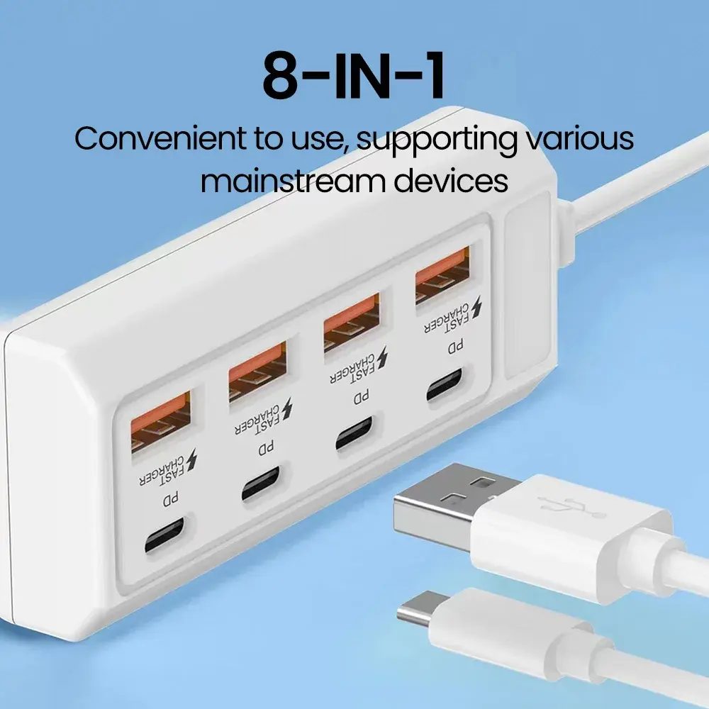 8 in 1 USB Charger Sockets PD25W 4Type-C+4USB USB Type C  Extend Charger Fast Charging Power Adapters For iPhone Xiaomi Samsung