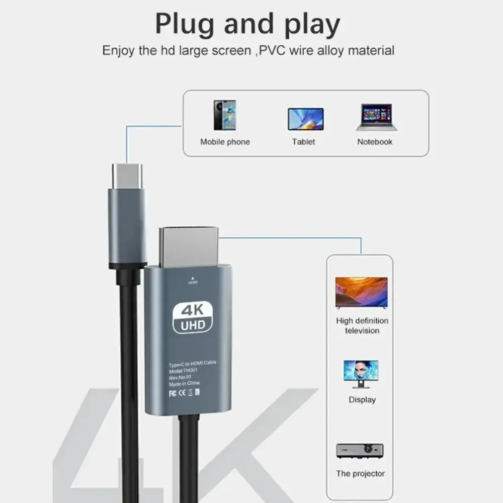 Type C To HDMI-compatible 4K 30Hz/60Hz Adapter Cable Type C To HD USB C Cable Extend Screen Laptop Projector High Definition