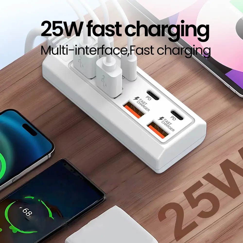 8 in 1 USB Charger Sockets PD25W 4Type-C+4USB USB Type C  Extend Charger Fast Charging Power Adapters For iPhone Xiaomi Samsung