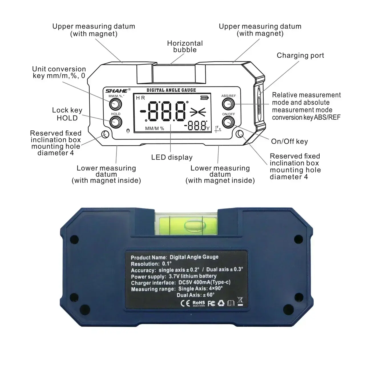 SHAHE Digital Angle Protractor Rechargeable Dual Axis High Precision Level Gauge Digital Angle Meter With Wireless Optional