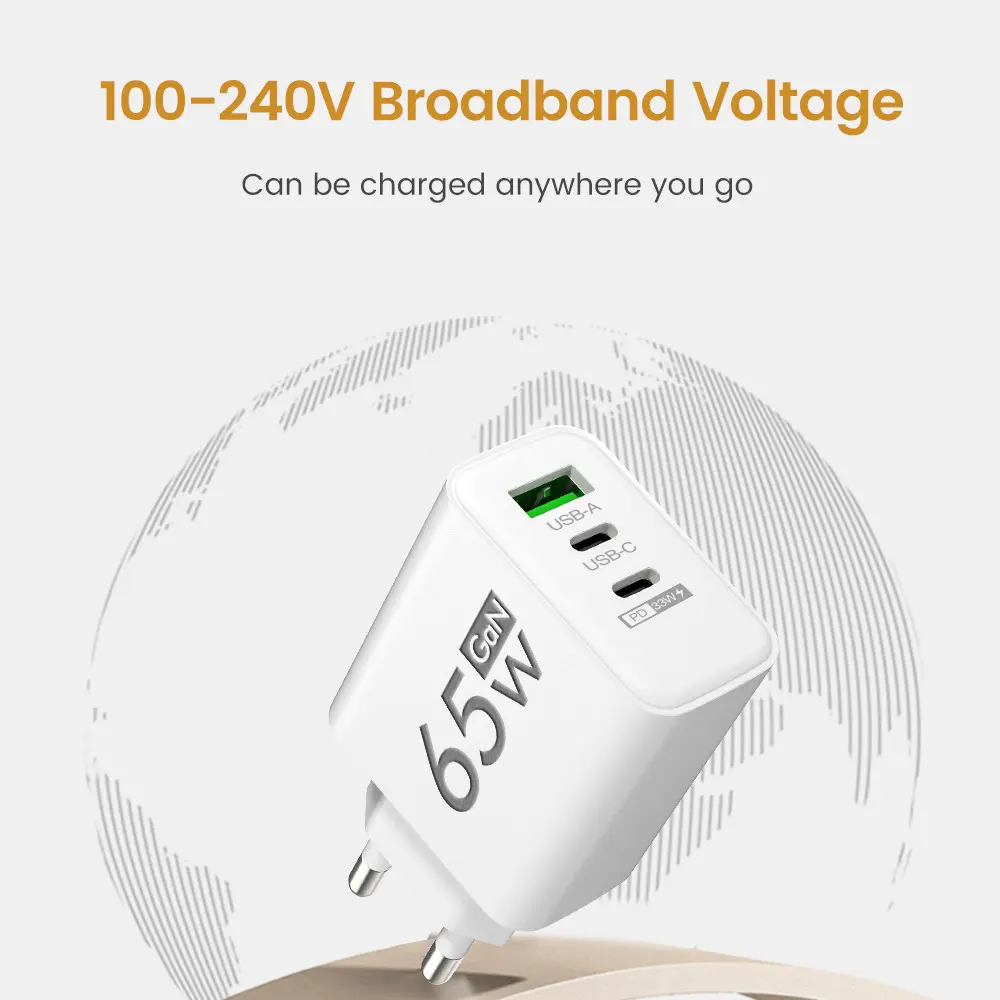 Total 65w GaN UsB Charger 3 Ports fast Charging Type C Adapter Mobile phone Quick charger for lphone 15 14 Xiaomi Huawei samsung