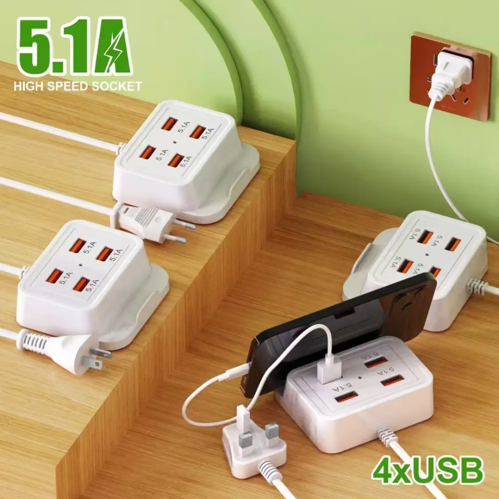 Universal 5.1A 4 Ports with Stand Fast Charging 2pd 2usb EU US UK Plug Wall Quick Mobile Phone Charger For IPhone 15 Xiaomi