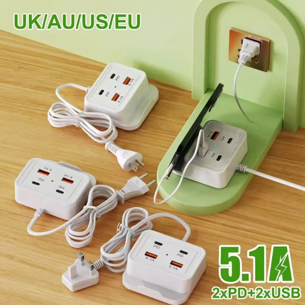Universal 5.1A 4 Ports with Stand Fast Charging 2pd 2usb EU US UK Plug Wall Quick Mobile Phone Charger For IPhone 15 Xiaomi