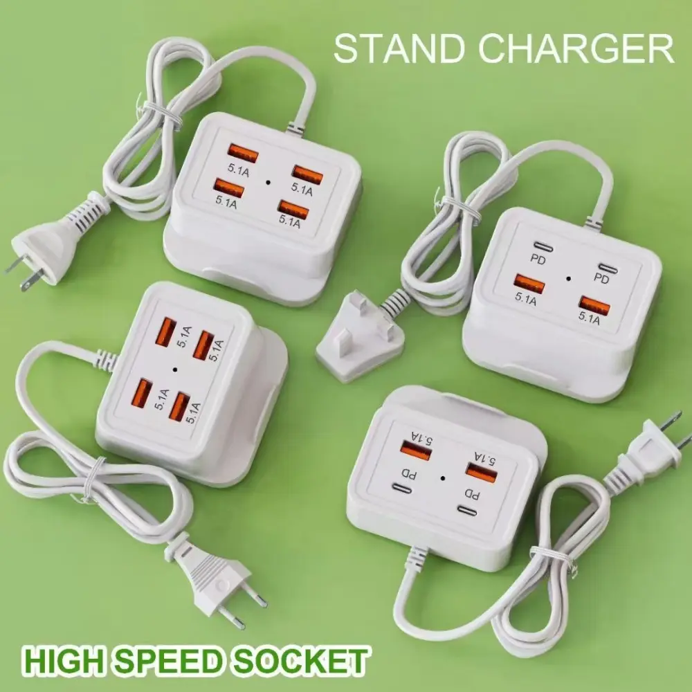 Universal 5.1A 4 Ports with Stand Fast Charging 2pd 2usb EU US UK Plug Wall Quick Mobile Phone Charger For IPhone 15 Xiaomi