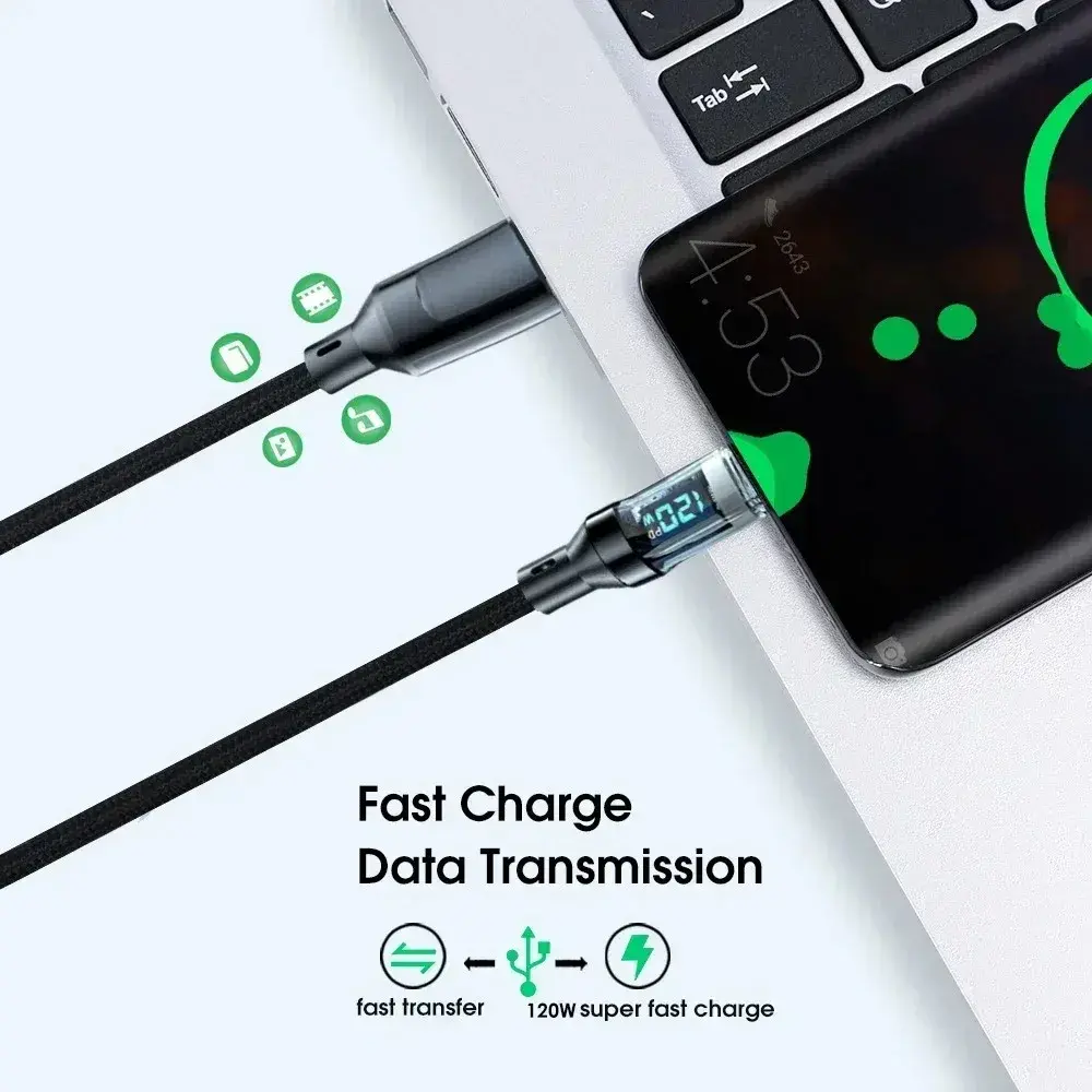 120W Digital Display Cable USB To Type C Fast Charging 100W PD Type C To Type C Cable For Xiaomi Samsung Huawei Honor 1M 1.5M 2M