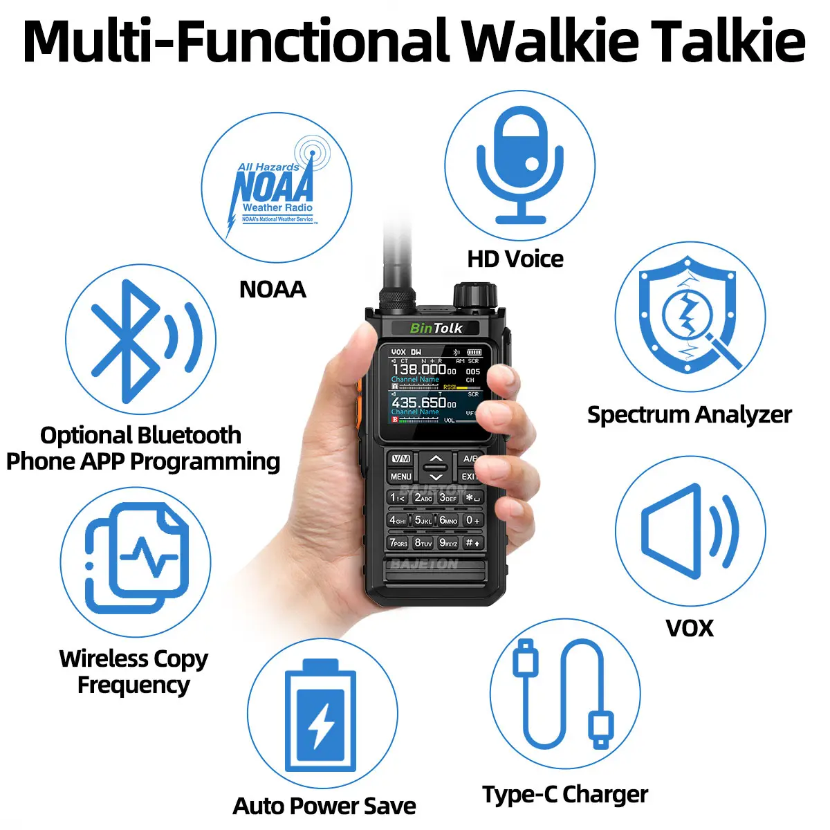BinTolk BT7700 Walkie Talkie  Portable  Full Band Bluetooth Programmer Noise Reduction Spectrum Analyzer AM Two Way Radio BT8000