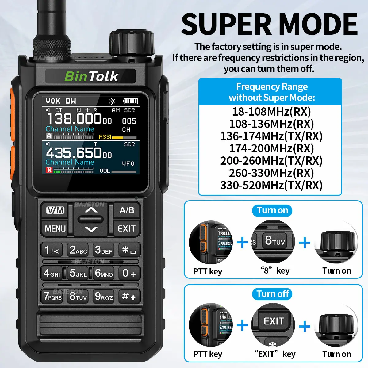 BinTolk BT7700 Walkie Talkie  Portable  Full Band Bluetooth Programmer Noise Reduction Spectrum Analyzer AM Two Way Radio BT8000