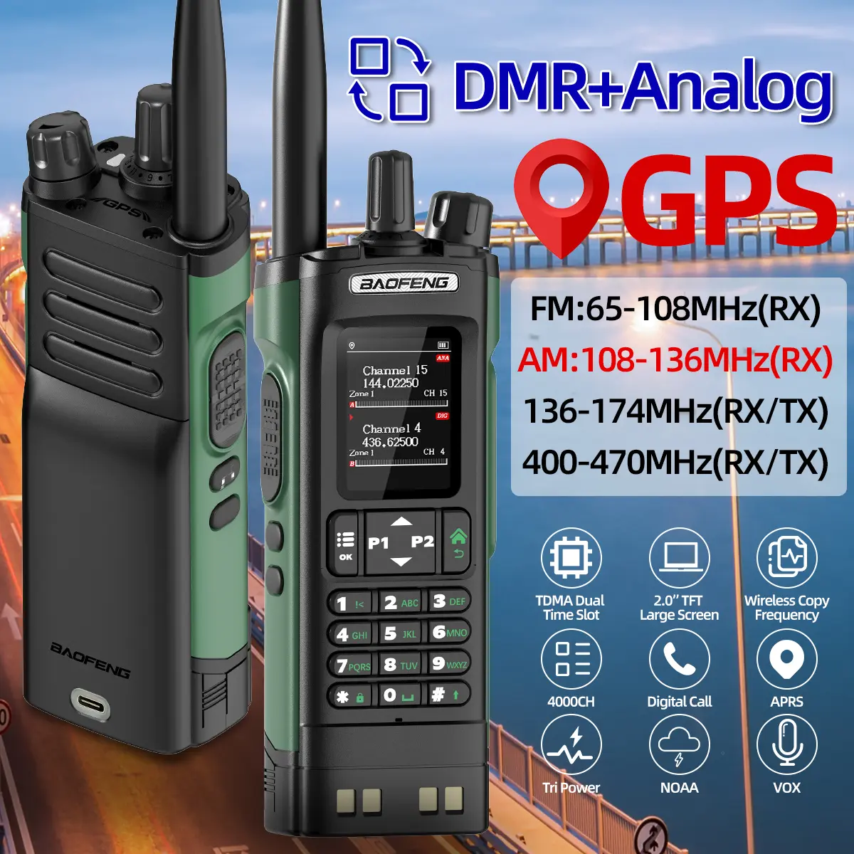 Baofeng DMR DM-32 Digital Walkie Talkie GPS Dual Mode Analog TDMA Dual Time Slot AM FM APRS Digital Call Ham Radio DM-1701 UV-32