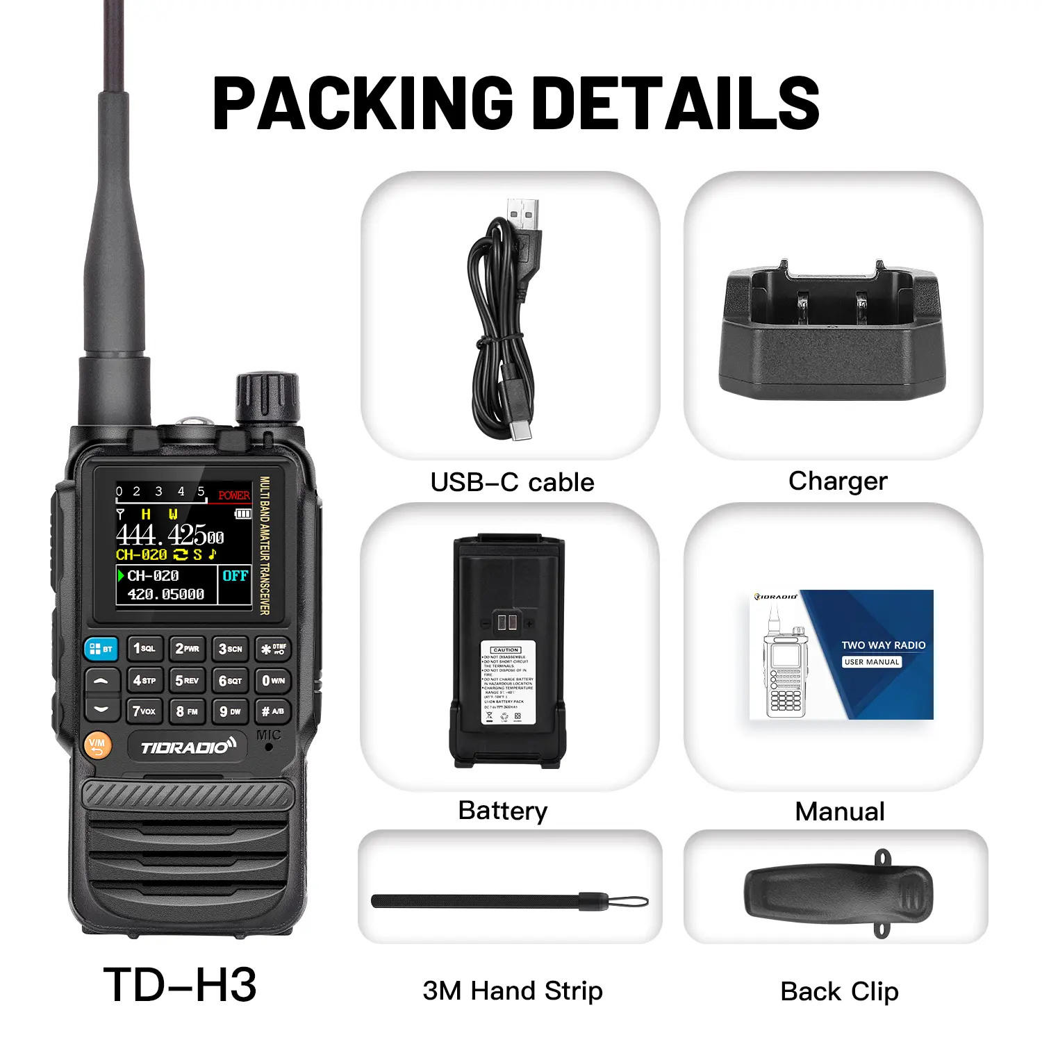 TIDRADIO H3 Walkie Talkie Air Band Long Range Two Way Radio Phone APP Wireless Programming Ham GMRS Type-C Programming & Charge