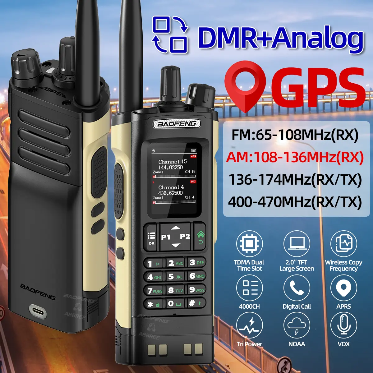 Baofeng DMR DM-32 Digital Walkie Talkie GPS Dual Mode Analog TDMA Dual Time Slot 4000CH Air Band APRS Two Way Ham Radio DM-1701