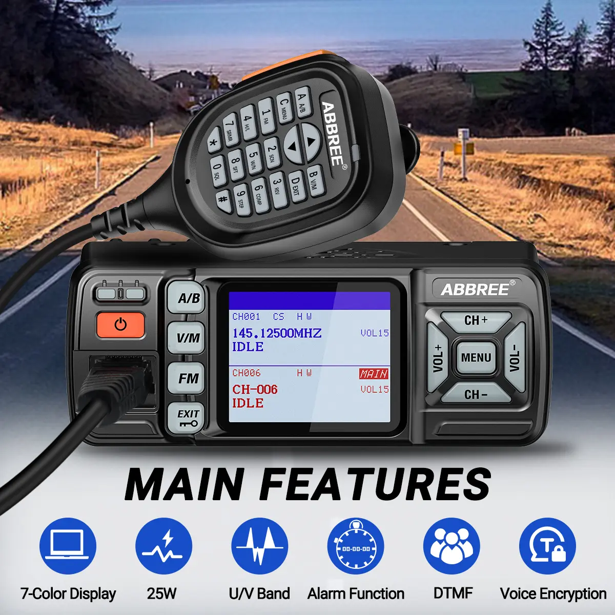 ABBREE AR-318 Mini Mobile Radio 25W Dual Band UHF VHF Long Range Dual Mode Watch Voice Encryption Car Transceiver Walkie Talkie