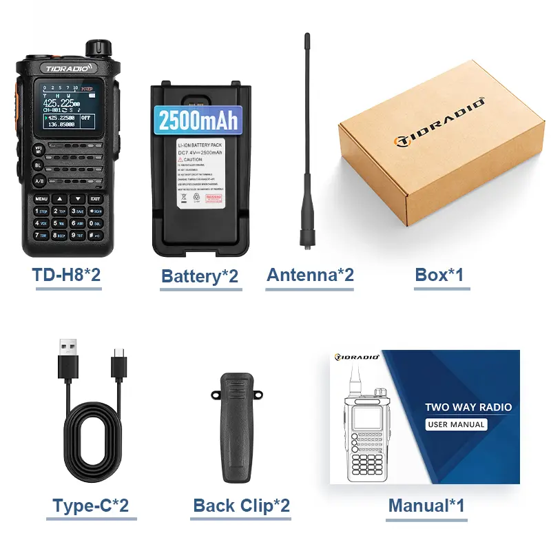TIDRADIO 2PCS 2nd Gen TD-H8 10W Professional Walkie Talkie Portable Long Range Radio Phone Wireless Programmable Type-C Charge