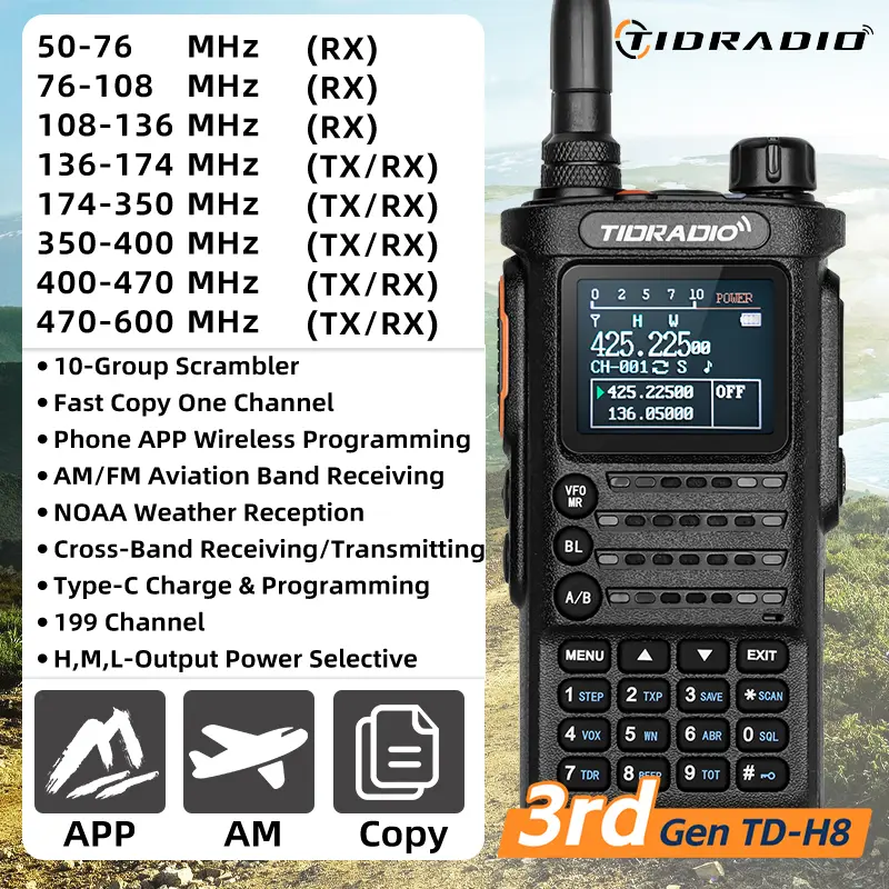 3nd Gen TIDRADIO TD H8 10W Walkie Talkie AM Band  Long Range Connection Phone APP Wireless Programming Dual Band USB-C Ham GMRS