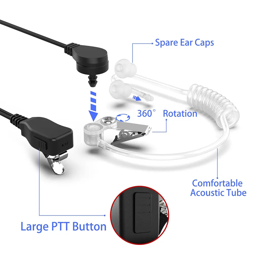 Walkie Talkie Earpiece with MIC 2 Pin Acoustic Tube Headset Two Way Radio Earphone for Baofeng UV 5R Quansheng UV K5 K58