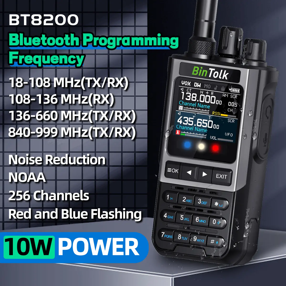BinTolk BT8200 Walkie Talkie 10W Long Range Full Band Wireless Bluetooth Programming Type-c Charger Noise Reduction CB Ham Radio
