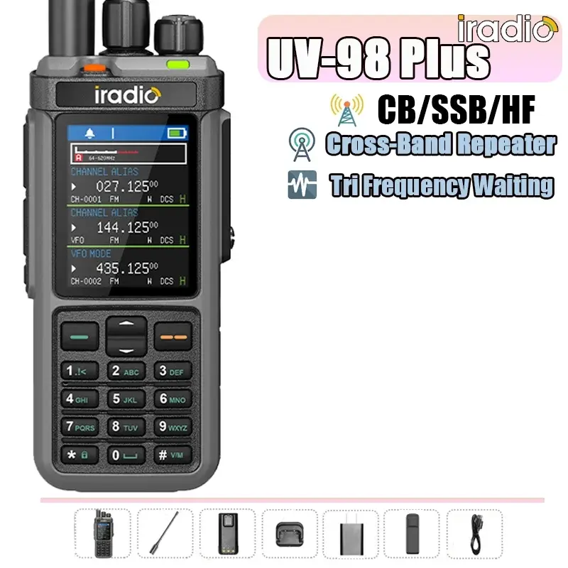 Iradio UV-98 PLUS Air Band Walkie Talkie Cross Band Repeater Triple Frequency Standby Three Channel Display FM SSB HF NOAA DTMF
