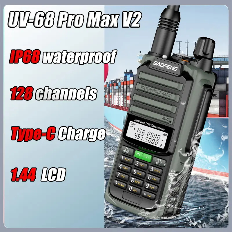 2 PCS BAOFENG UV68 Pro Max V2 10W UHF/VHF Dual Band TypeC Charger IP68 Waterproof CB Radio Long Range Ham Radio Walkie Talkie 9R