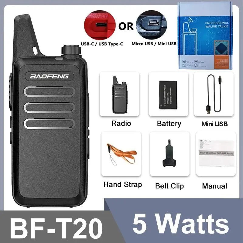Baofeng BF-T20 Mini Walkie Talkie 5W Portable USB Charging 1PC/2PCS Two Way Radios Upgrade Of BF-C9 KD-C1 For Hunting Kid’s Toy