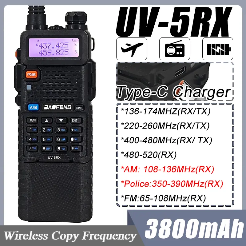 Baofeng M-5R UV-5RX Walkie Talkie 5W Multi-Band 3800mah Type-C Charge Wireless Copy Frequency AM FM Radio UV-5R Upgrade Version