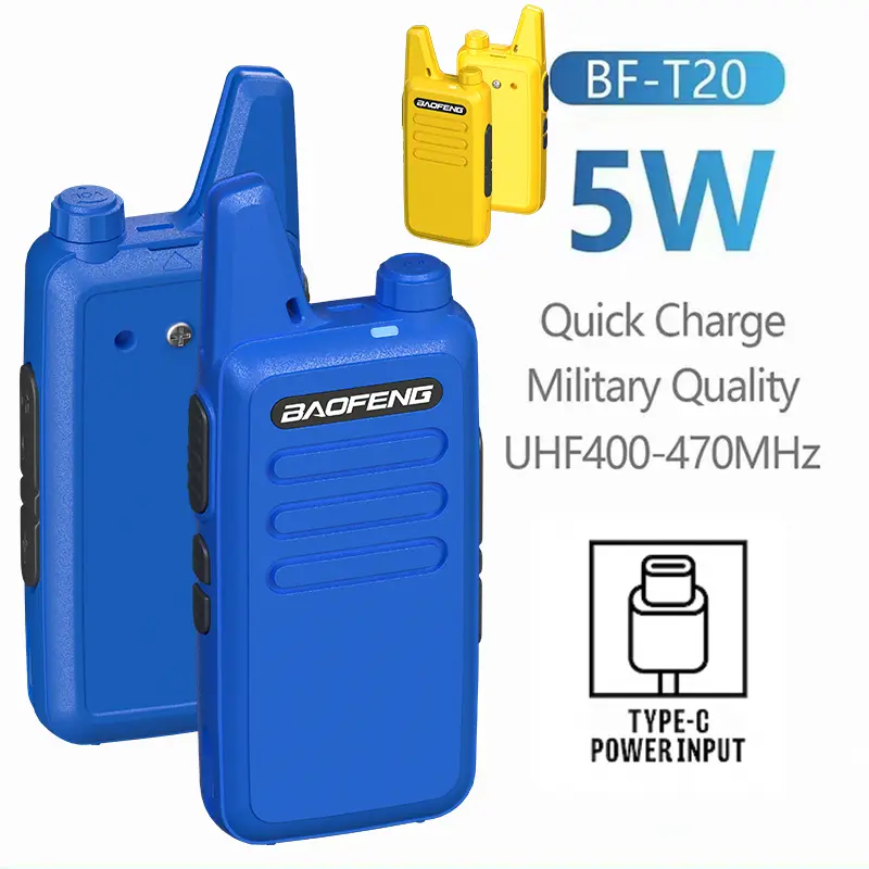 2PCS Baofeng BF-T20D Mini Walkie Talkie 5W USB-C Charge 1500mAh Portable Two Way Radio Upgrade of BF-C5 for Hunting Child's Gift